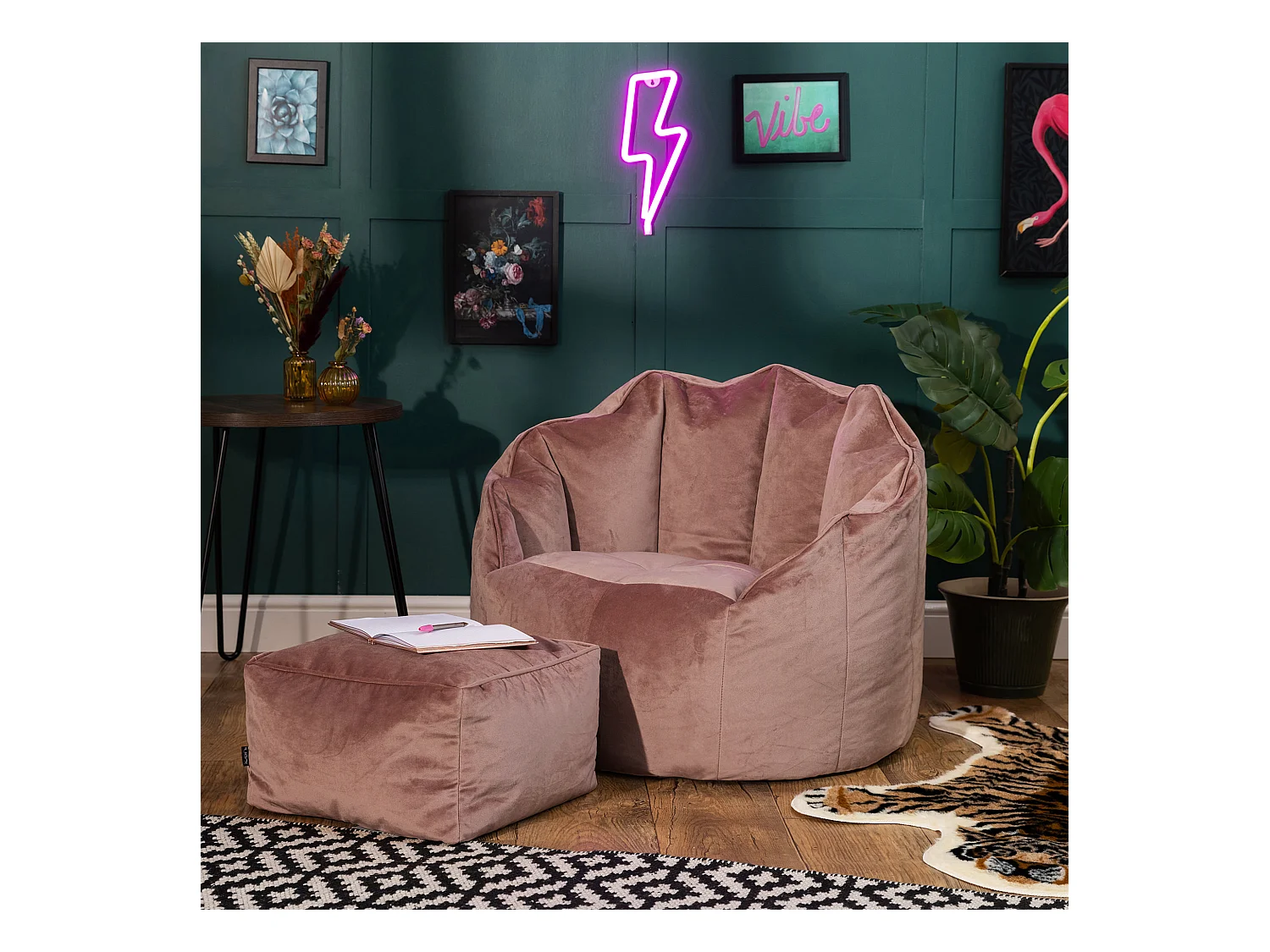 Pouf fauteuil avec repose-pied velours rose - SIRENA