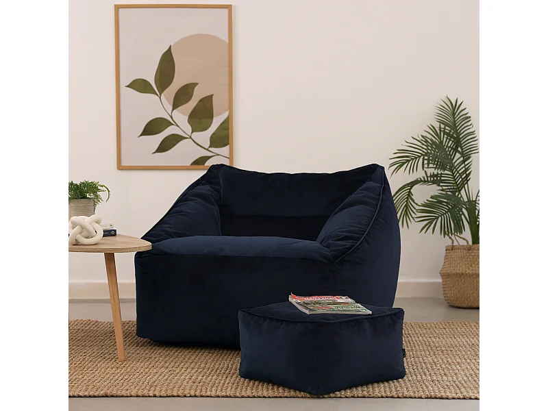 Pouf fauteuil avec repose-pied carré velours bleu minuit - NATALIA