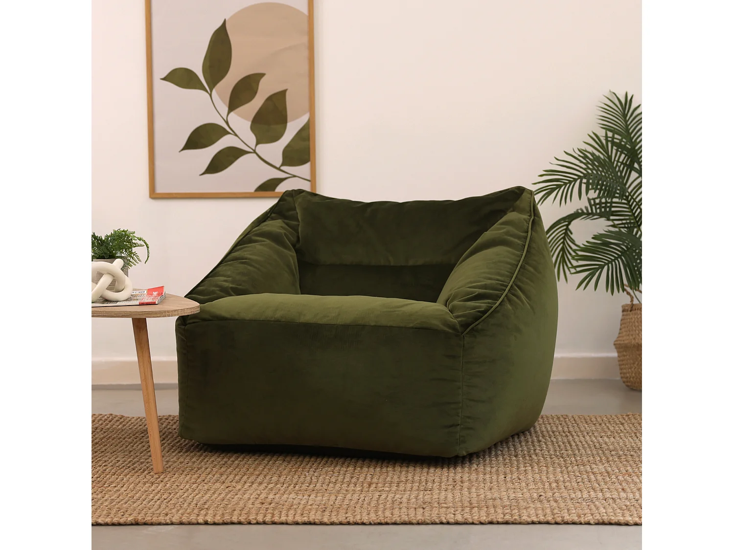 Pouf fauteuil velours vert olive - NATALIA