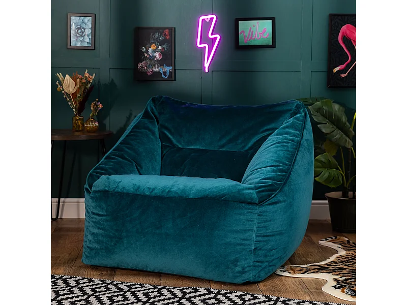 Pouf fauteuil velours bleu canard - NATALIA