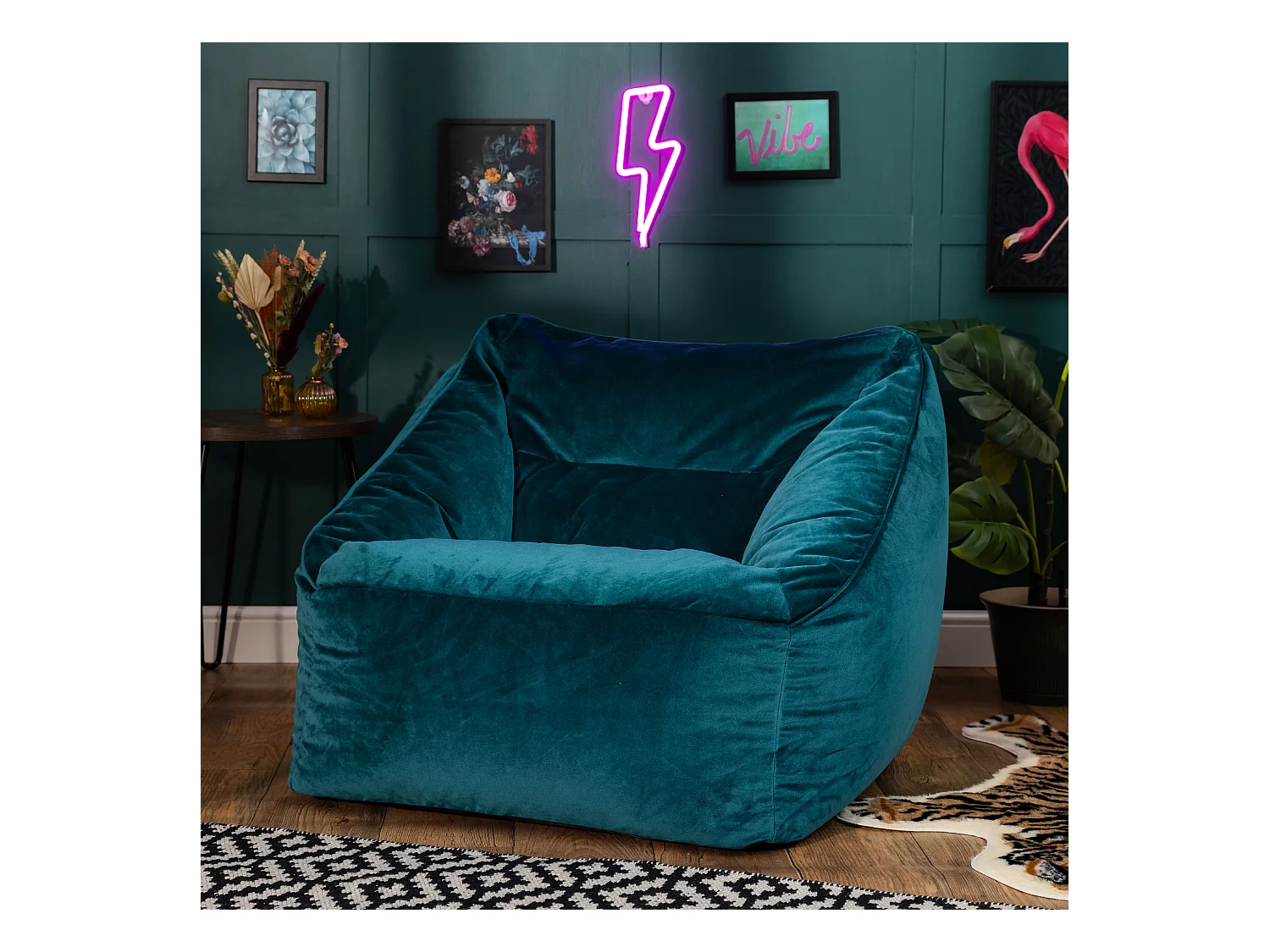 Pouf fauteuil velours bleu canard - NATALIA