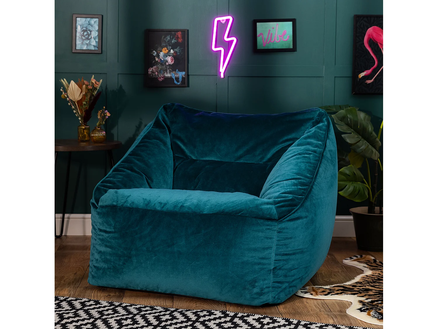 Pouf fauteuil velours bleu canard - NATALIA