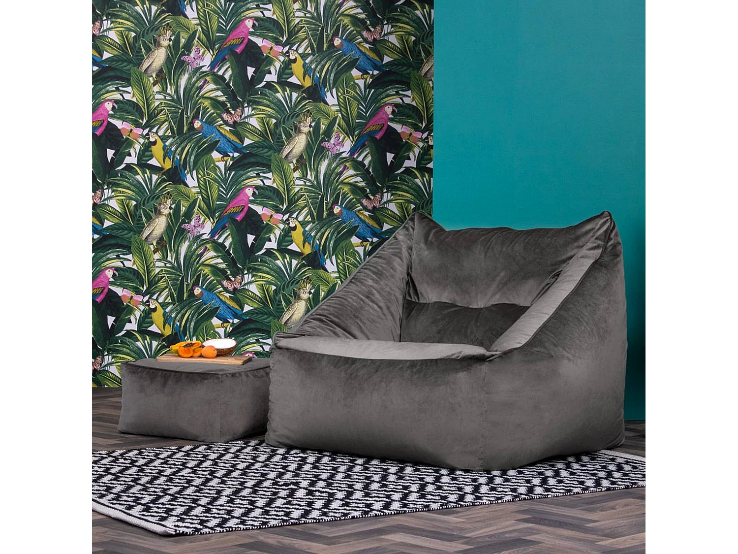 Pouf fauteuil avec repose-pied carré velours gris anthracite - NATALIA