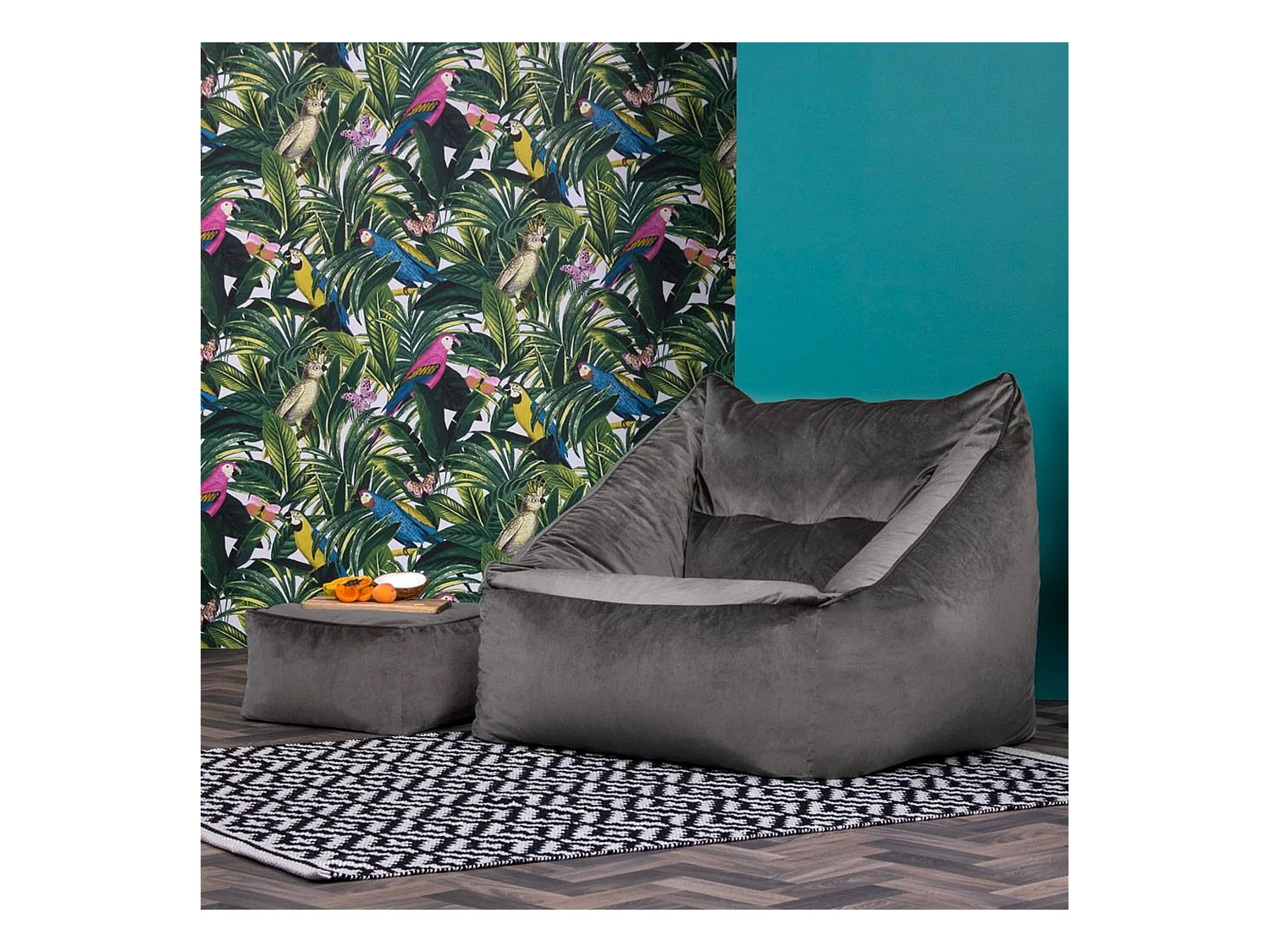 Pouf fauteuil avec repose-pied carré velours gris anthracite - NATALIA