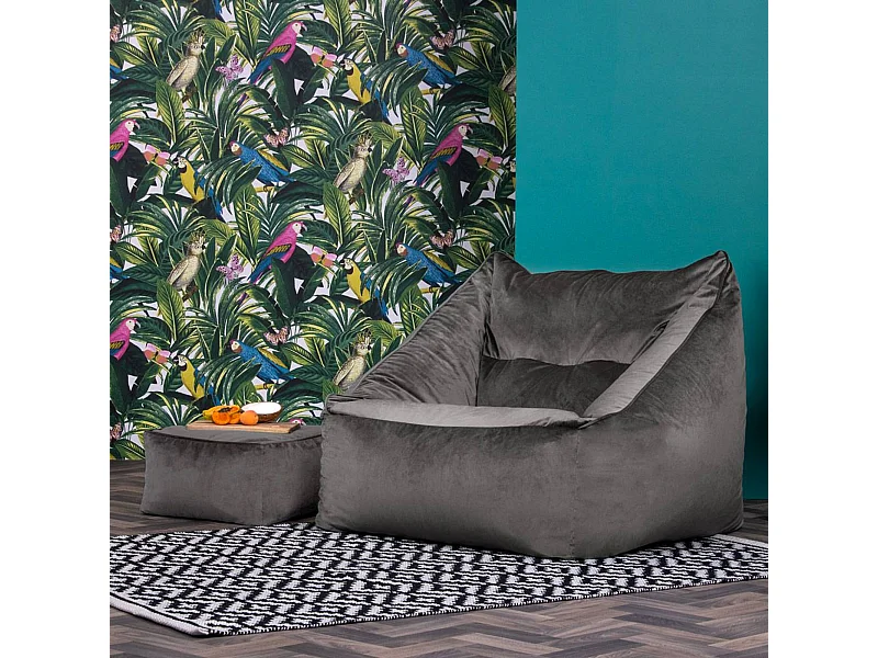 Pouf fauteuil avec repose-pied carré velours gris anthracite - NATALIA