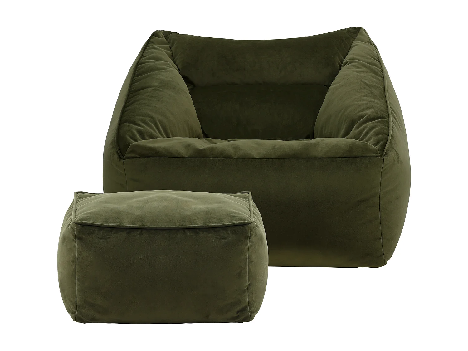 Pouf fauteuil avec repose-pied carré velours vert olive - NATALIA