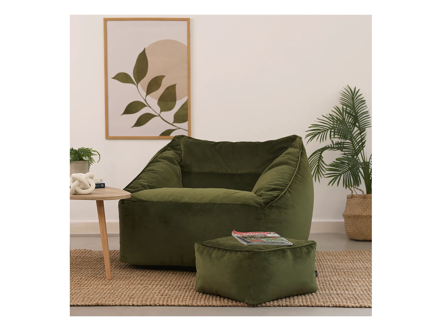 Pouf fauteuil avec repose-pied carré velours vert olive - NATALIA