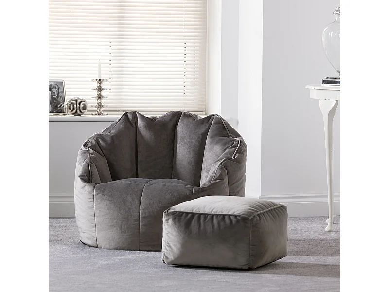 Pouf fauteuil avec repose-pied velours gris anthracite - SIRENA