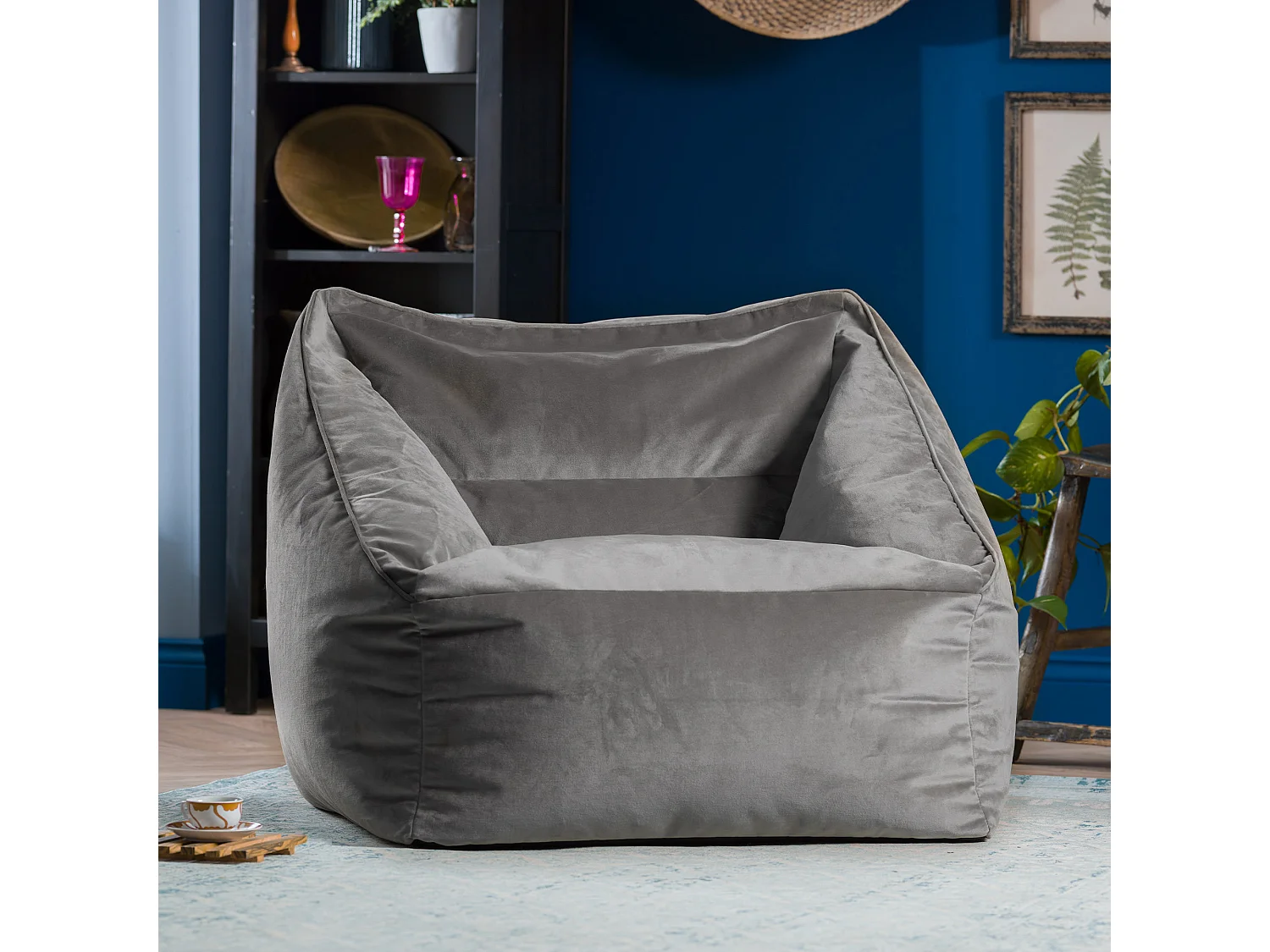 Pouf fauteuil velours gris anthracite - NATALIA