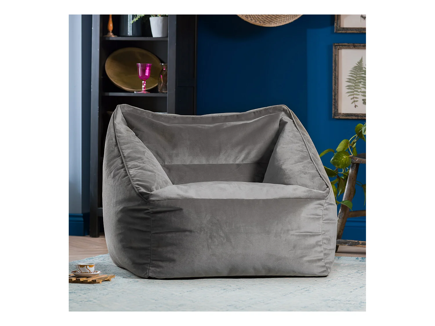 Pouf fauteuil velours gris anthracite - NATALIA