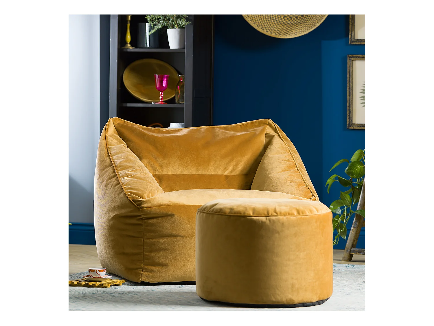 Pouf fauteuil avec repose-pied rond velours jaune ocre - NATALIA
