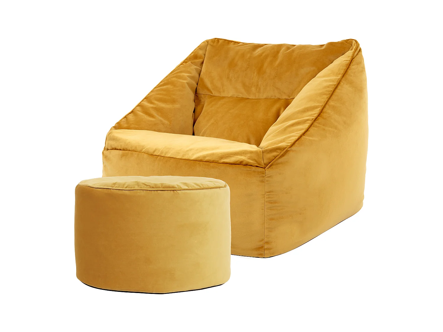 Pouf fauteuil avec repose-pied rond velours jaune ocre - NATALIA