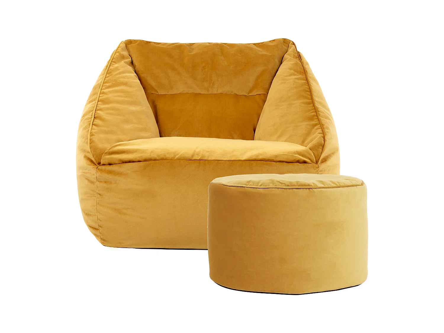 Pouf fauteuil avec repose-pied rond velours jaune ocre - NATALIA