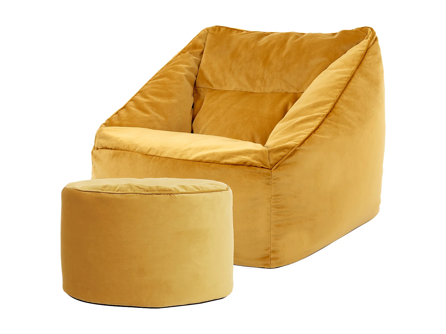 Pouf fauteuil avec repose-pied rond velours jaune ocre - NATALIA