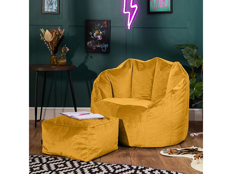 Pouf fauteuil avec repose-pied velours jaune ocre - SIRENA