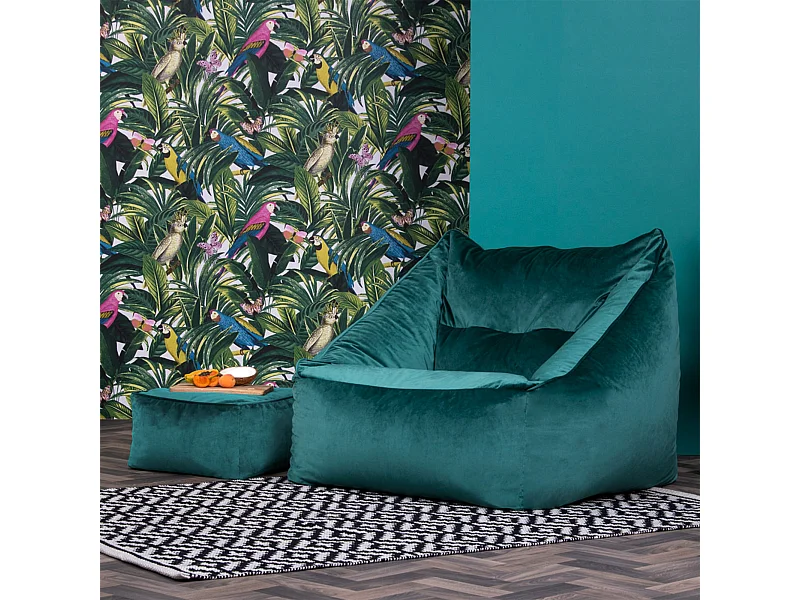 Pouf fauteuil avec repose-pied carré velours bleu canard - NATALIA