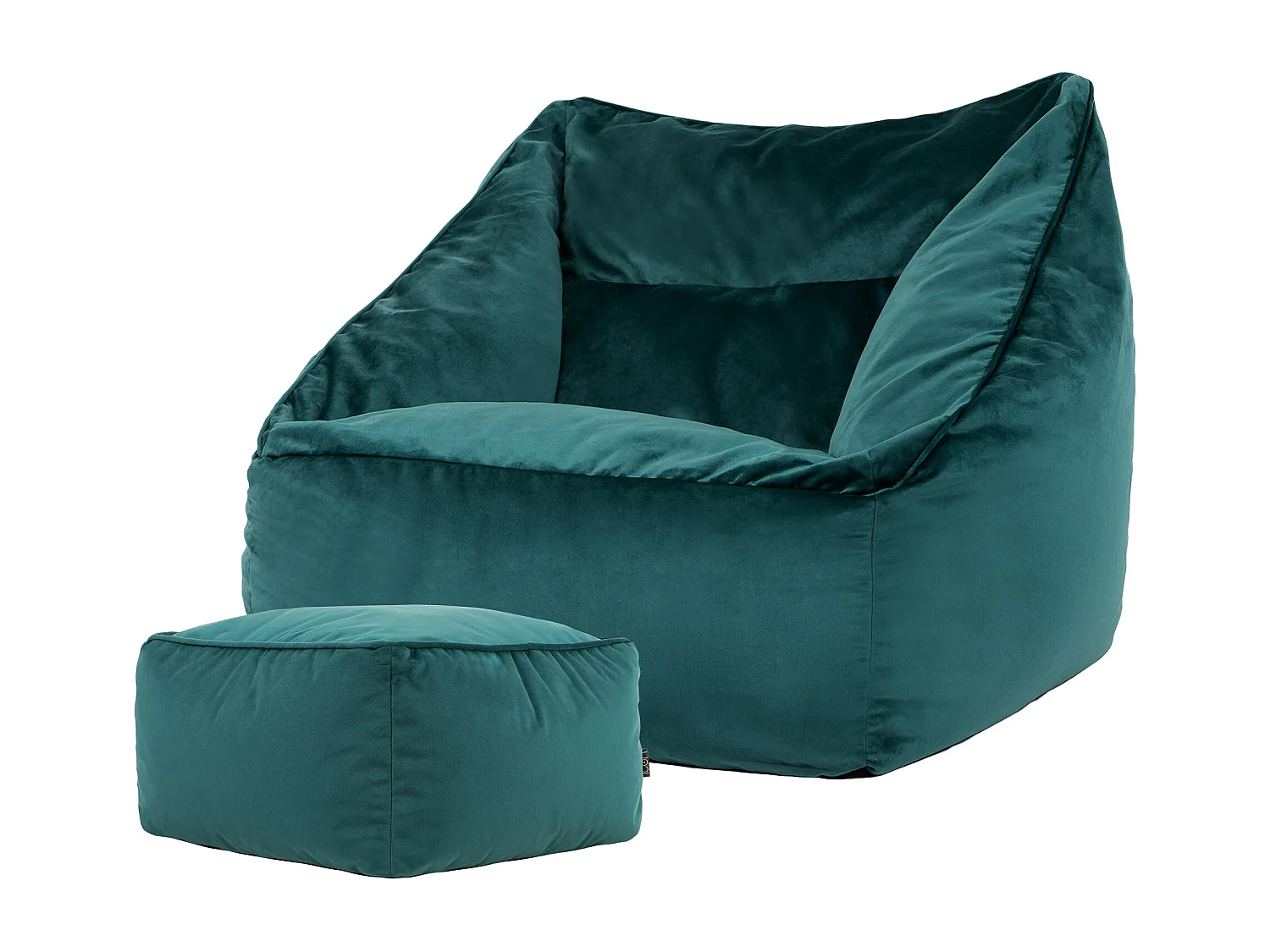 Pouf fauteuil avec repose-pied carré velours bleu canard - NATALIA