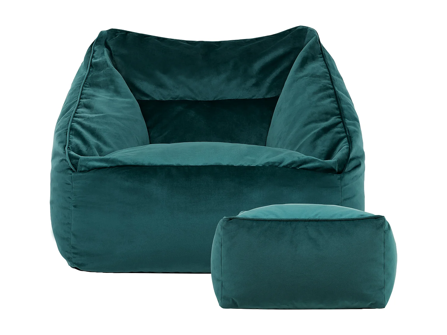 Pouf fauteuil avec repose-pied carré velours bleu canard - NATALIA