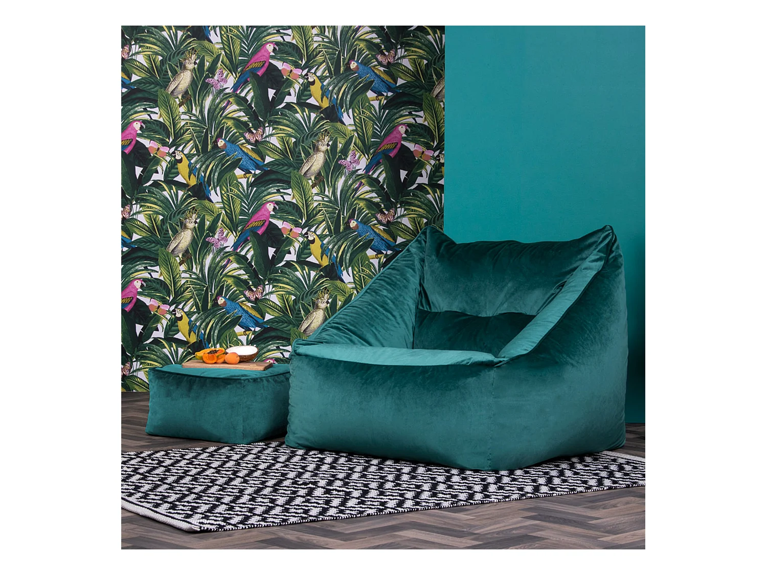Pouf fauteuil avec repose-pied carré velours bleu canard - NATALIA