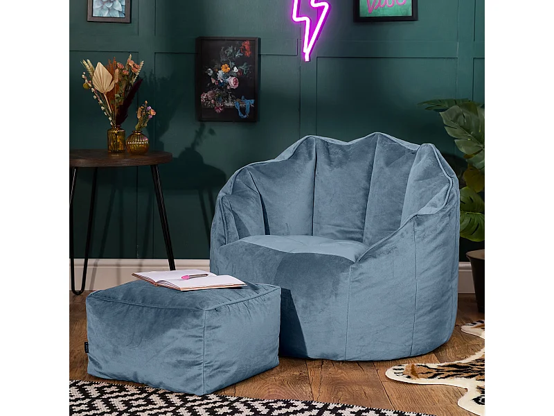 Pouf fauteuil avec repose-pied velours bleu minéral - SIRENA