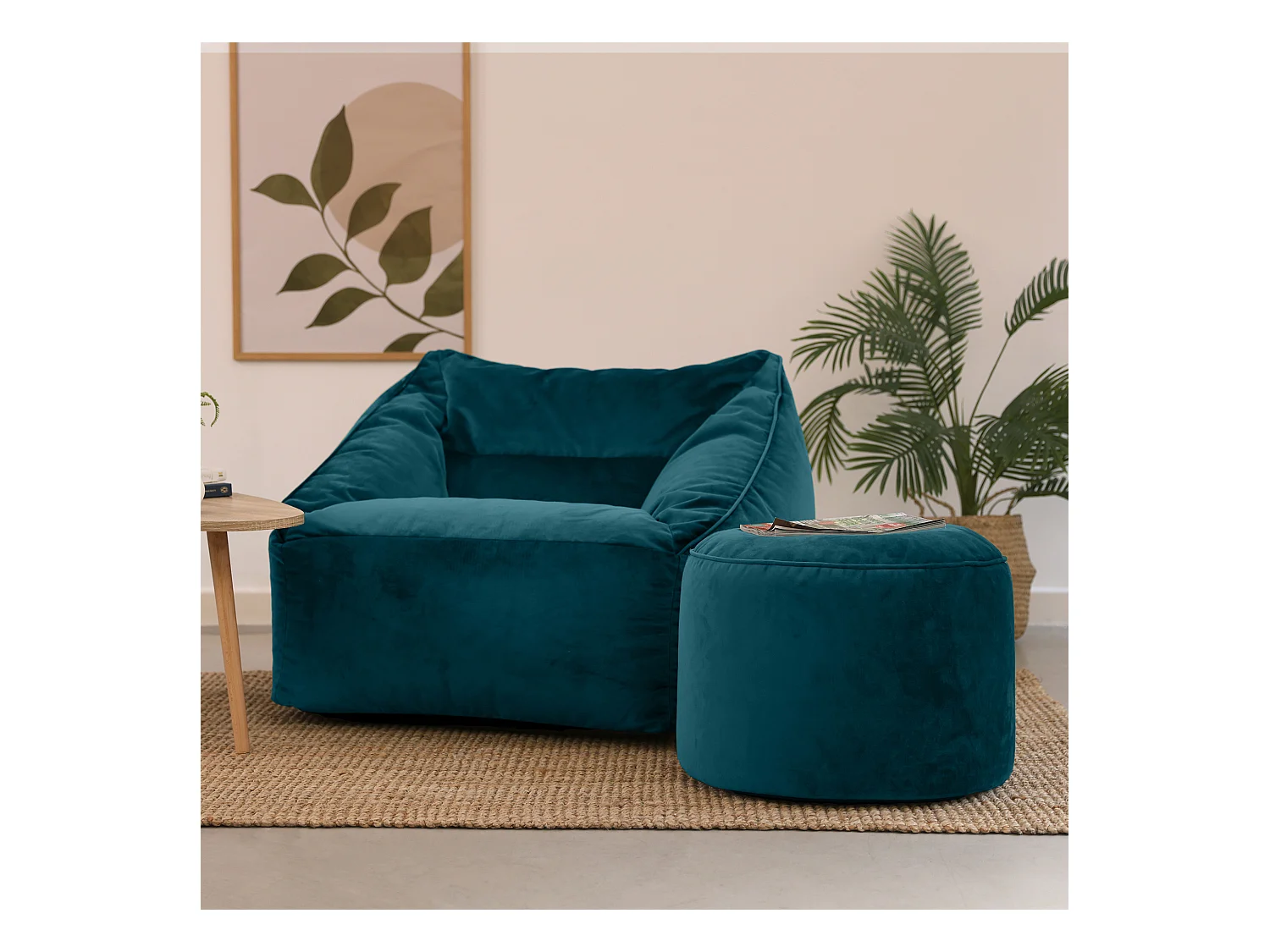 Pouf fauteuil avec repose-pied rond velours bleu canard - NATALIA