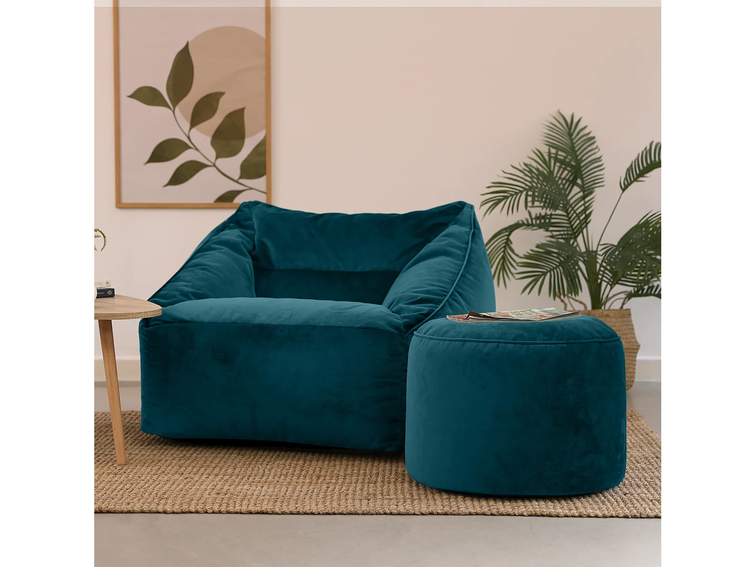 Pouf fauteuil avec repose-pied rond velours bleu canard - NATALIA