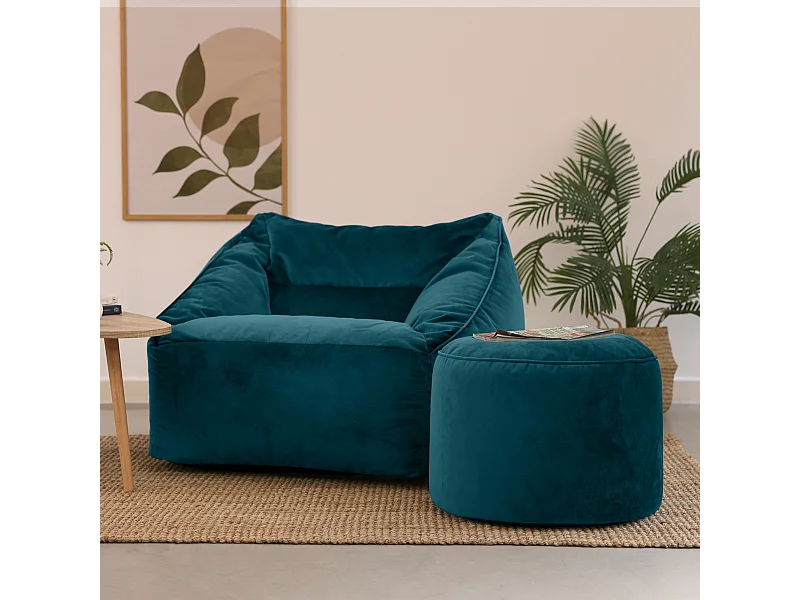 Pouf fauteuil avec repose-pied rond velours bleu canard - NATALIA