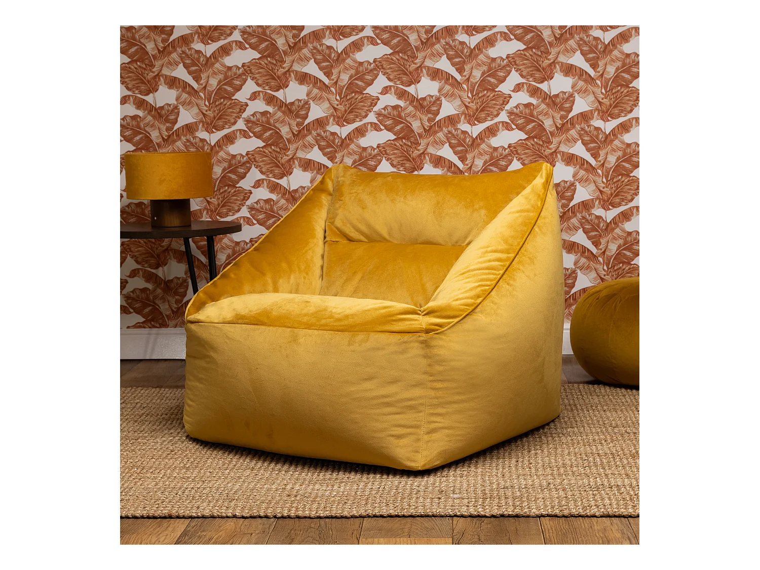 Pouf fauteuil velours jaune ocre - NATALIA