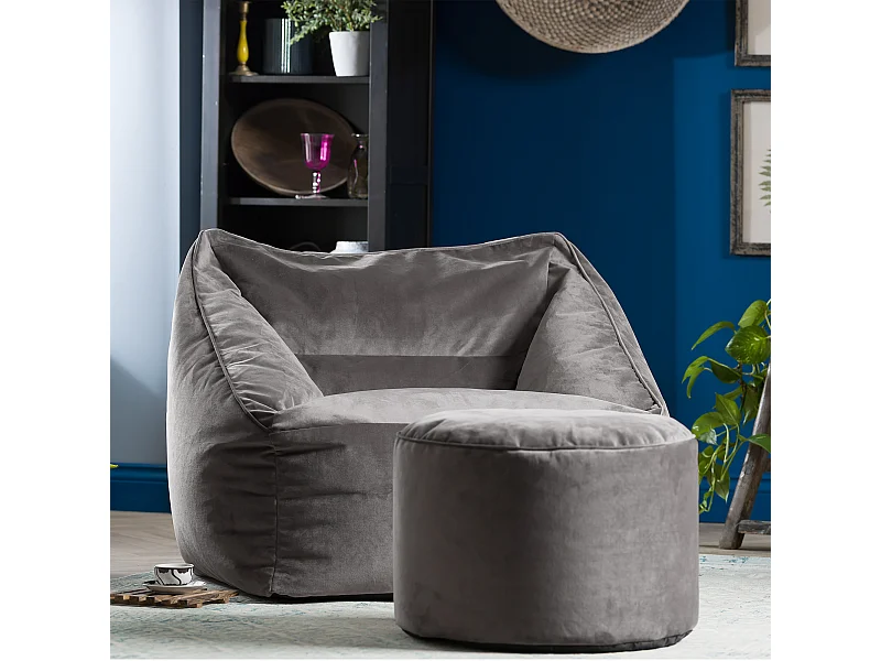 Pouf fauteuil avec repose-pied rond velours gris anthracite - NATALIA