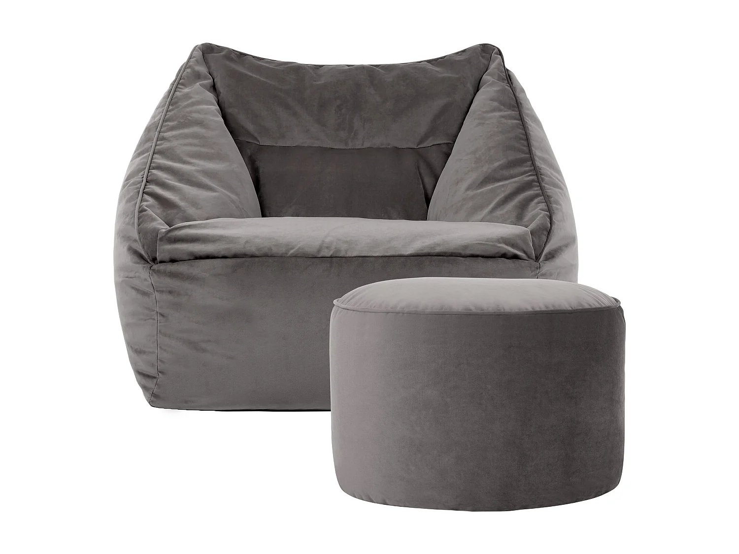 Pouf fauteuil avec repose-pied rond velours gris anthracite - NATALIA
