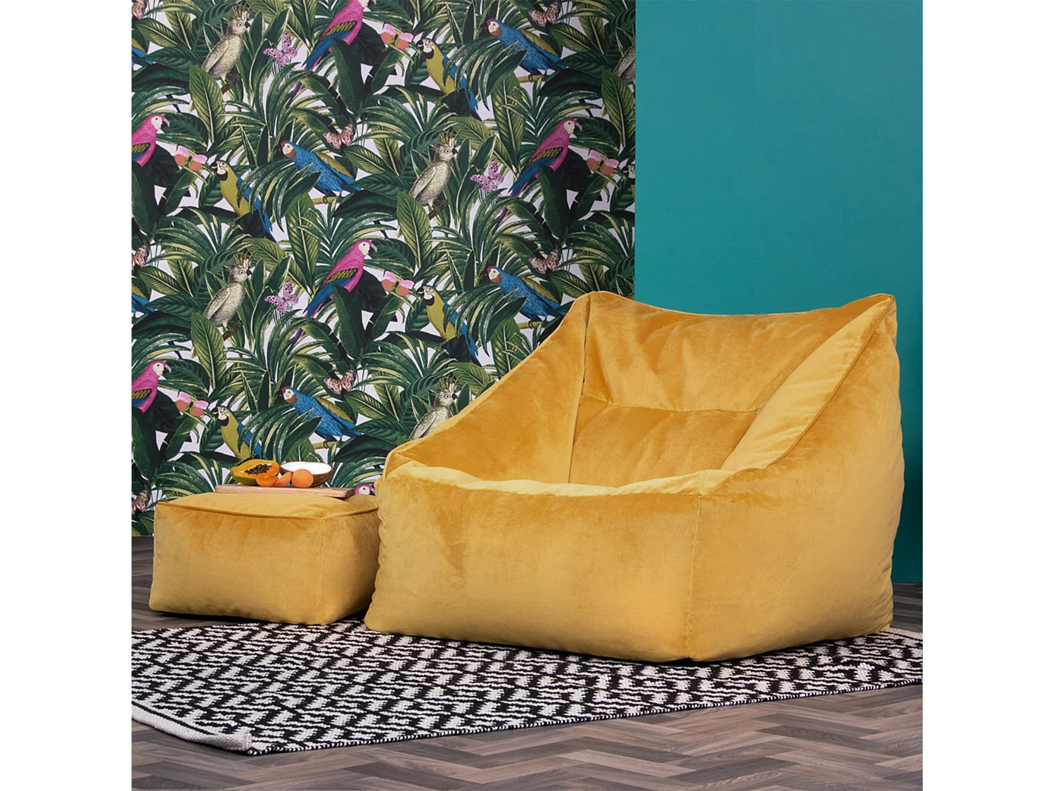 Pouf fauteuil avec repose-pied carré velours jaune ocre - NATALIA