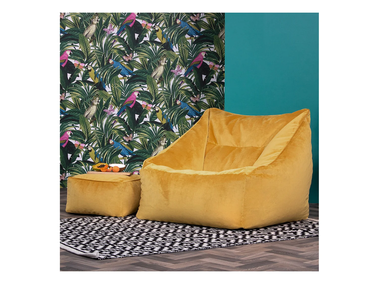Pouf fauteuil avec repose-pied carré velours jaune ocre - NATALIA
