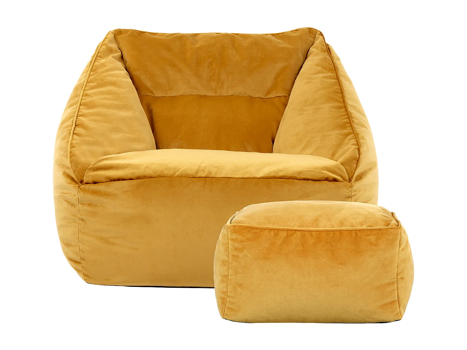 Pouf fauteuil avec repose-pied carré velours jaune ocre - NATALIA