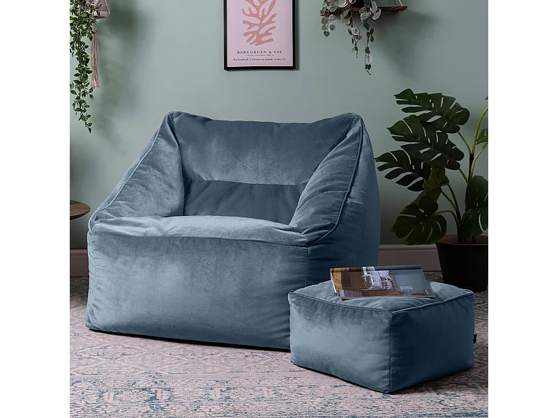 Pouf fauteuil avec repose-pied carré velours bleu minéral - NATALIA