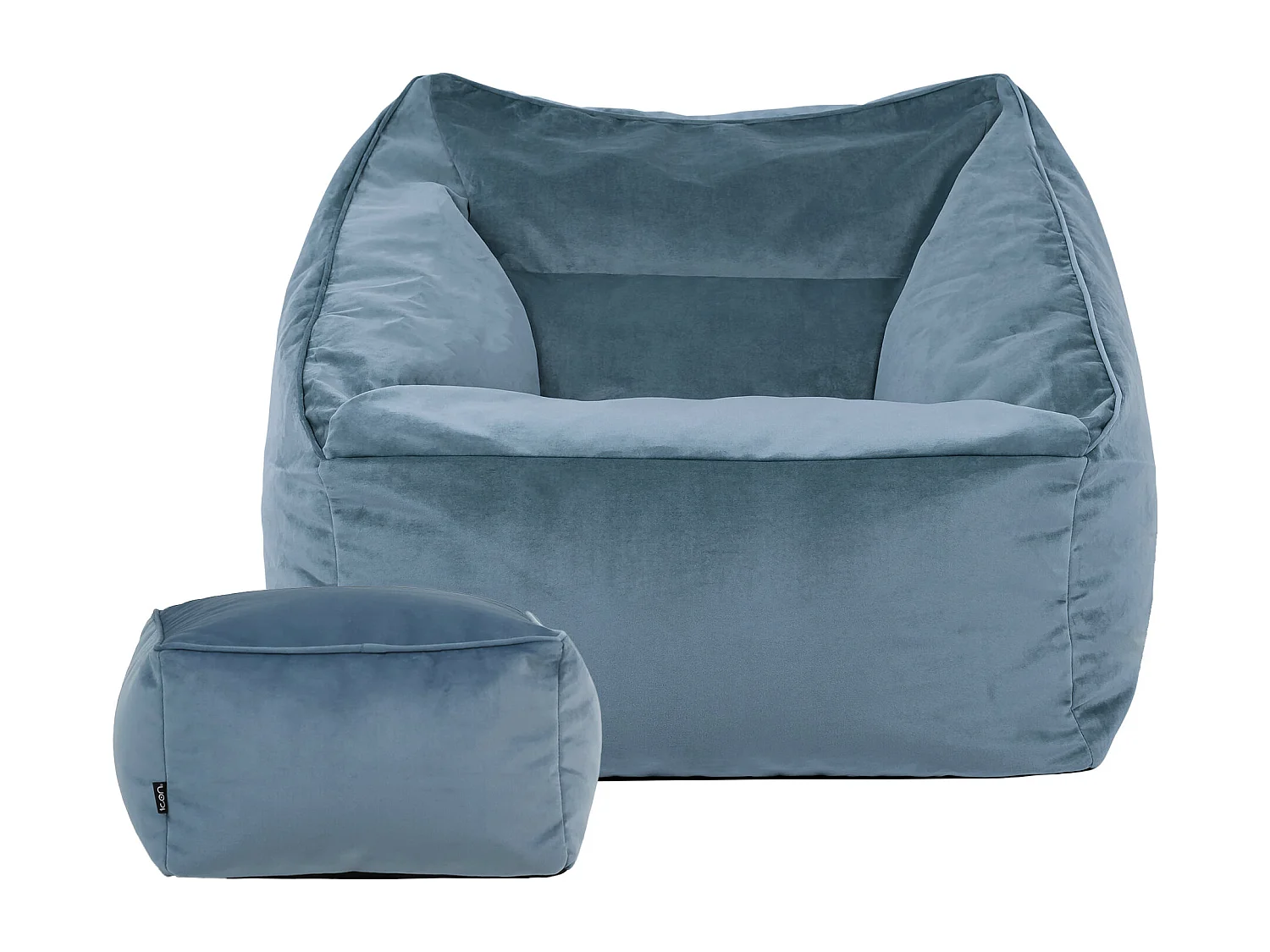 Pouf fauteuil avec repose-pied carré velours bleu minéral - NATALIA