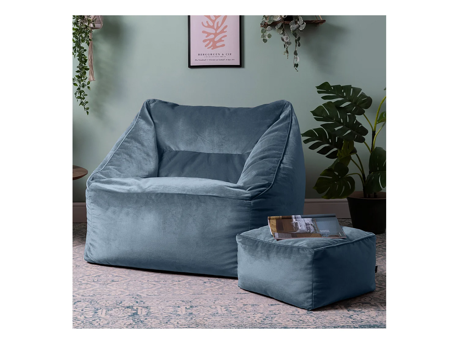 Pouf fauteuil avec repose-pied carré velours bleu minéral - NATALIA