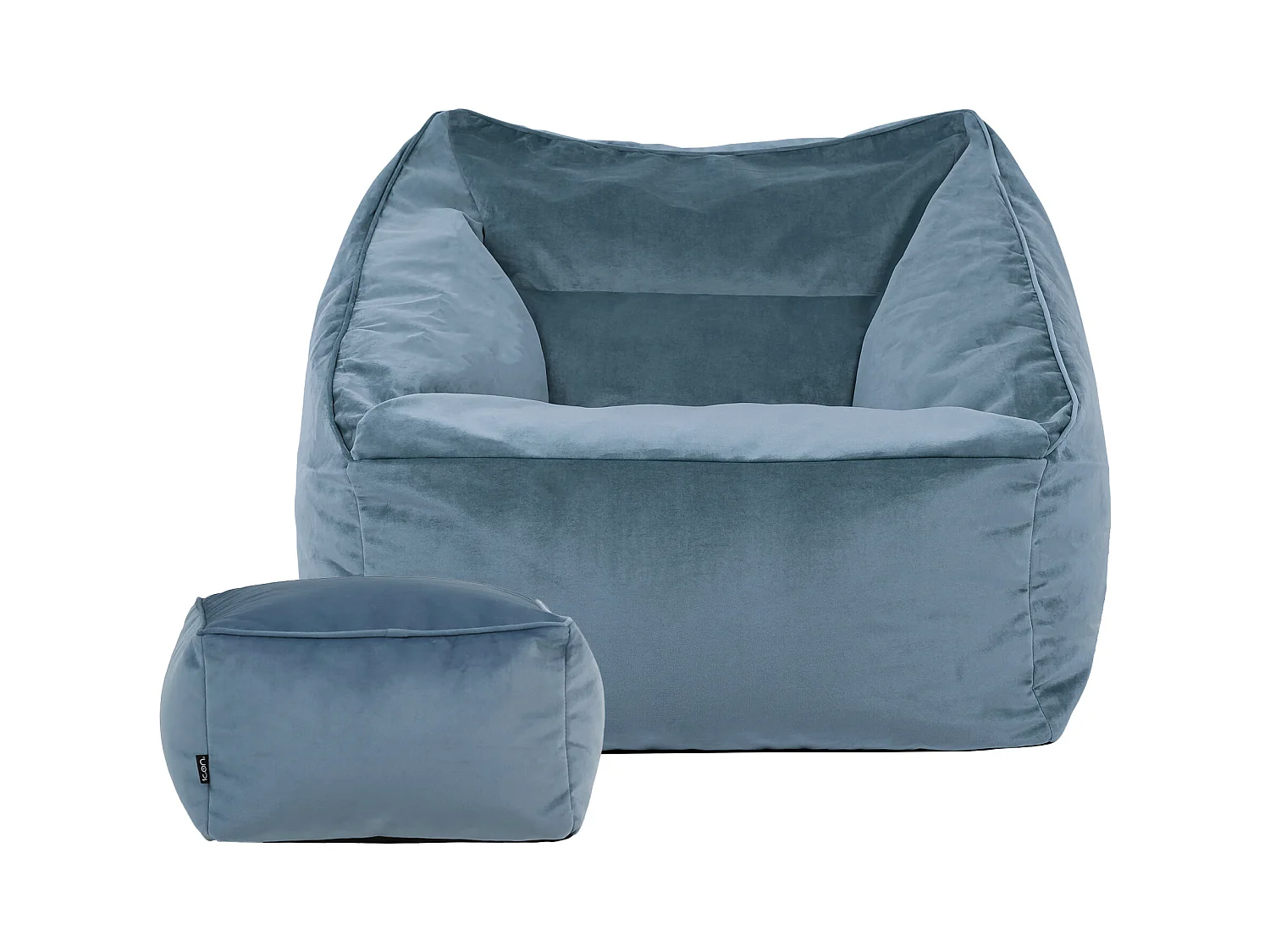 Pouf fauteuil avec repose-pied carré velours bleu minéral - NATALIA