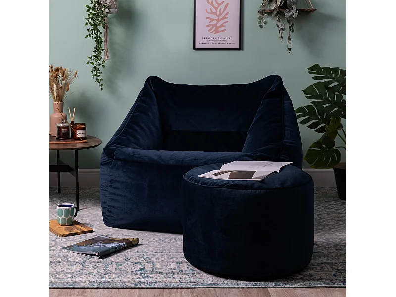 Pouf fauteuil avec repose-pied rond velours bleu minuit - NATALIA