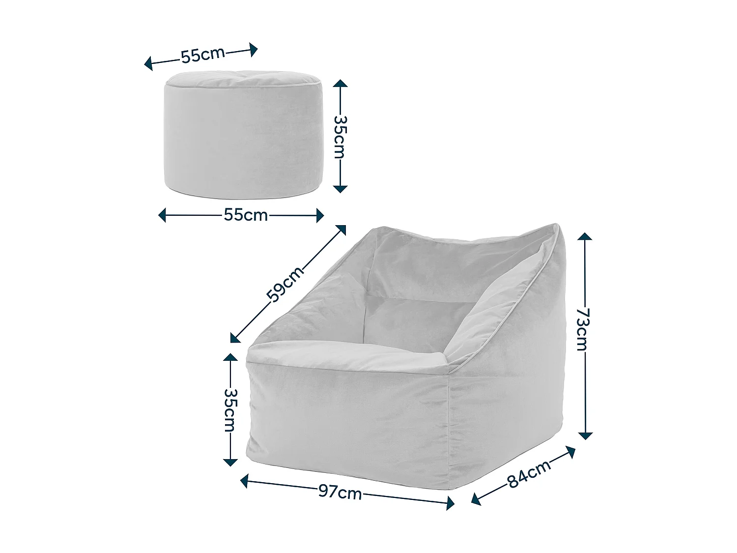 Pouf fauteuil avec repose-pied rond velours bleu minuit - NATALIA