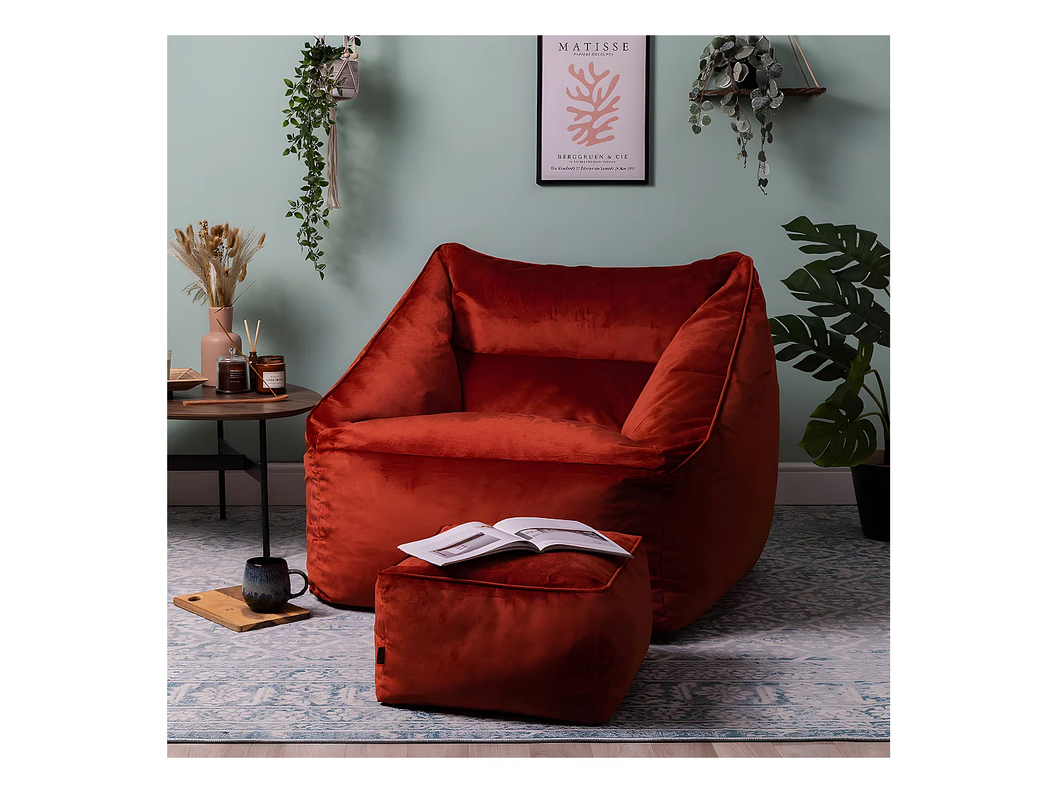 Pouf fauteuil avec repose-pied carré velours terracotta - NATALIA