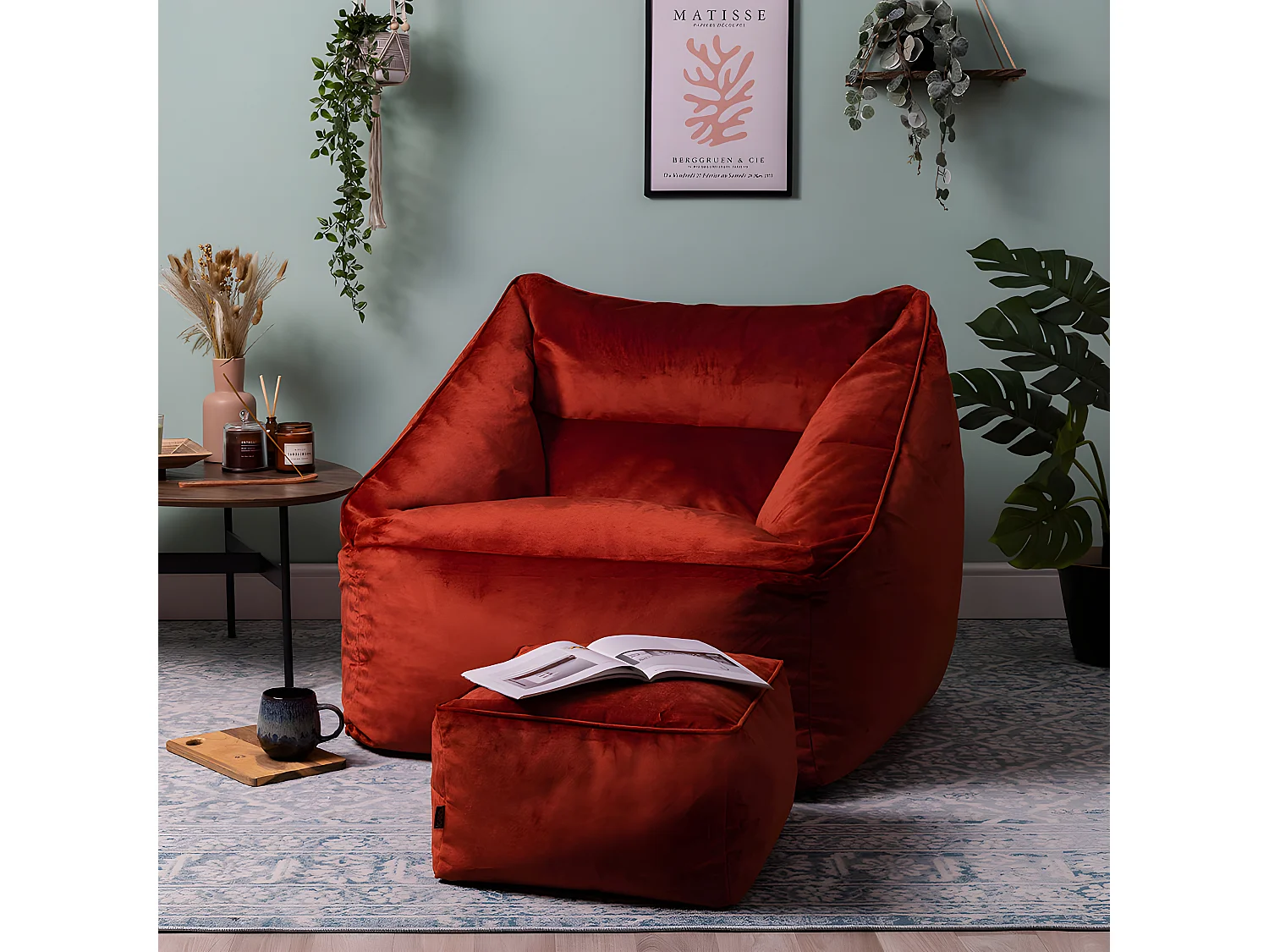 Pouf fauteuil avec repose-pied carré velours terracotta - NATALIA