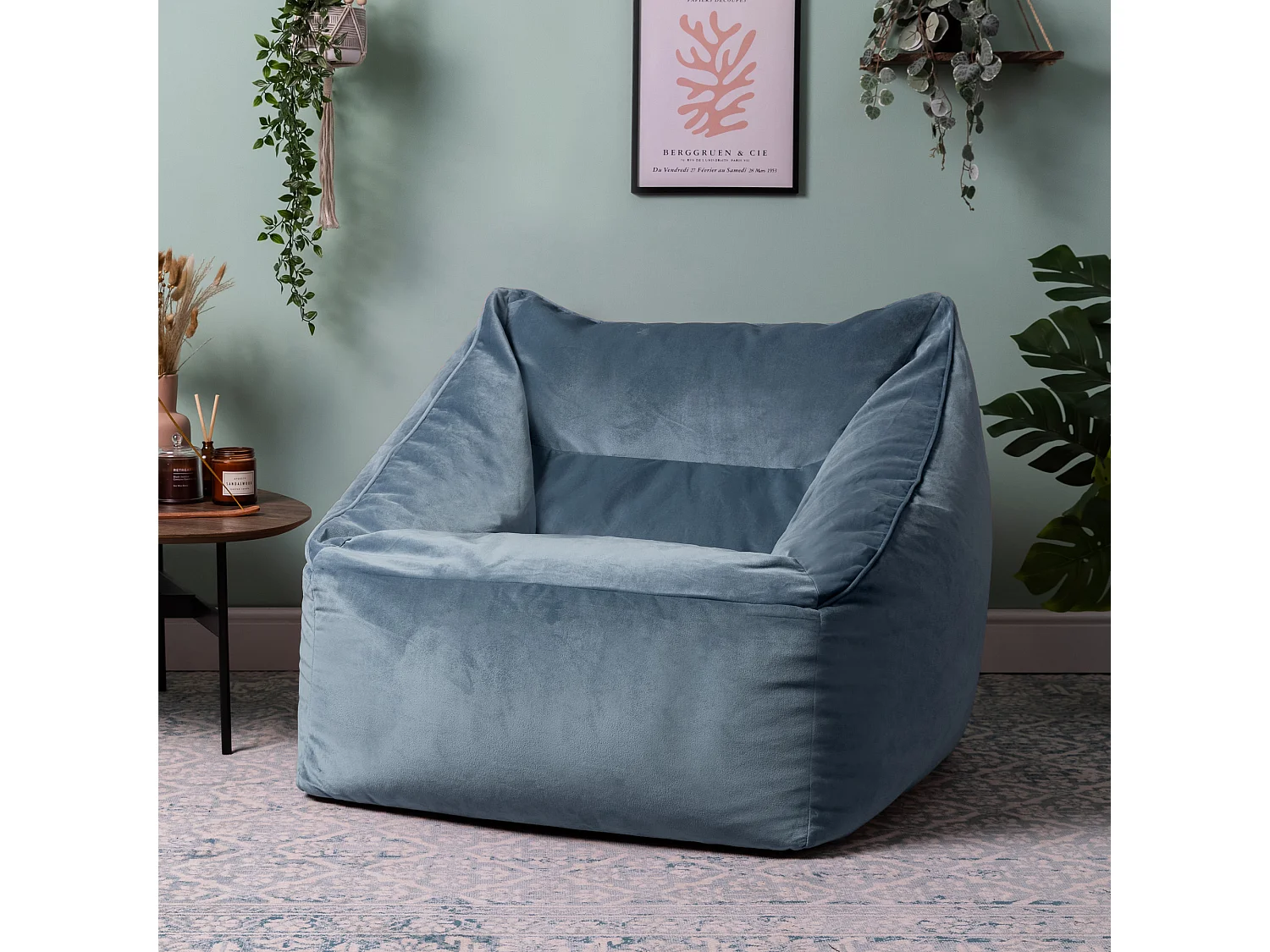 Pouf fauteuil velours bleu minéral - NATALIA