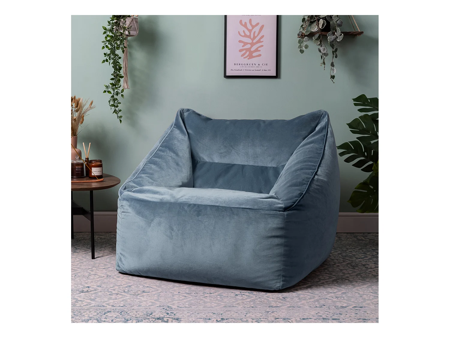 Pouf fauteuil velours bleu minéral - NATALIA