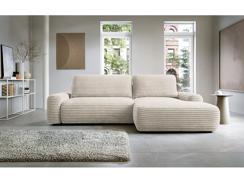 Canapé d'angle en forme de L avec fonction de couchage - velours côtelé - crème - côté droit - ALFERIA