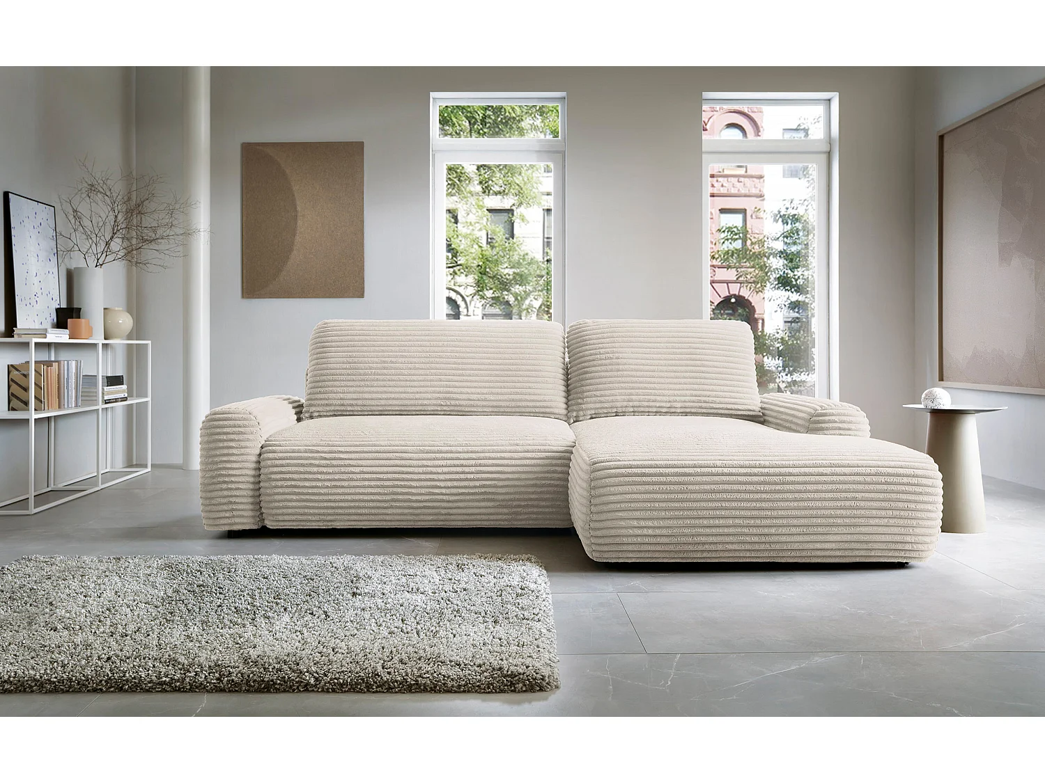 Canapé d'angle en forme de L avec fonction de couchage - velours côtelé - crème - côté droit - ALFERIA