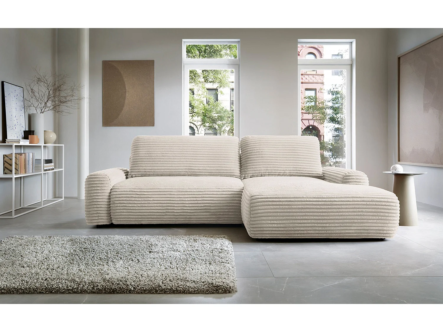 Canapé d'angle en forme de L avec fonction de couchage - velours côtelé - crème - côté droit - ALFERIA