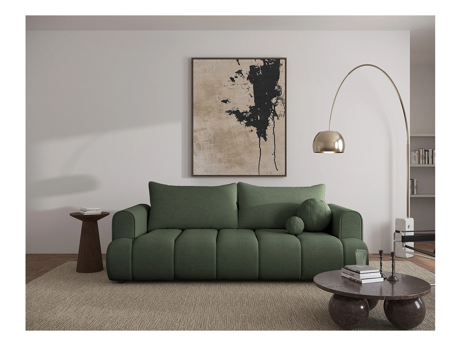 Canapé convertible trois places - tissu chenille vert - DANDELINO