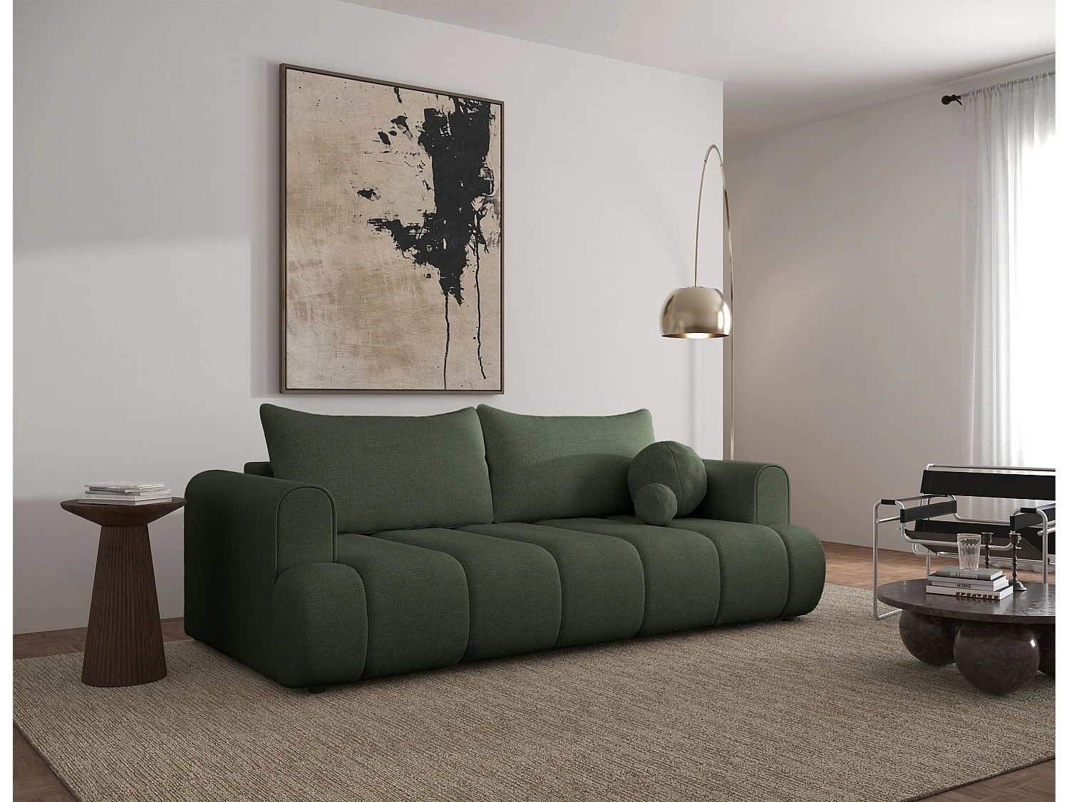 Canapé convertible trois places - tissu chenille vert - DANDELINO