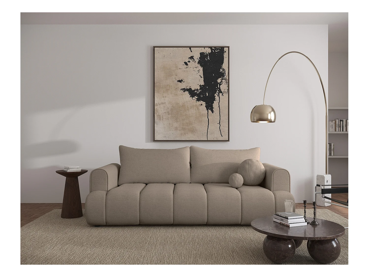 Canapé convertible trois places - tissu chenille beige - DANDELINO