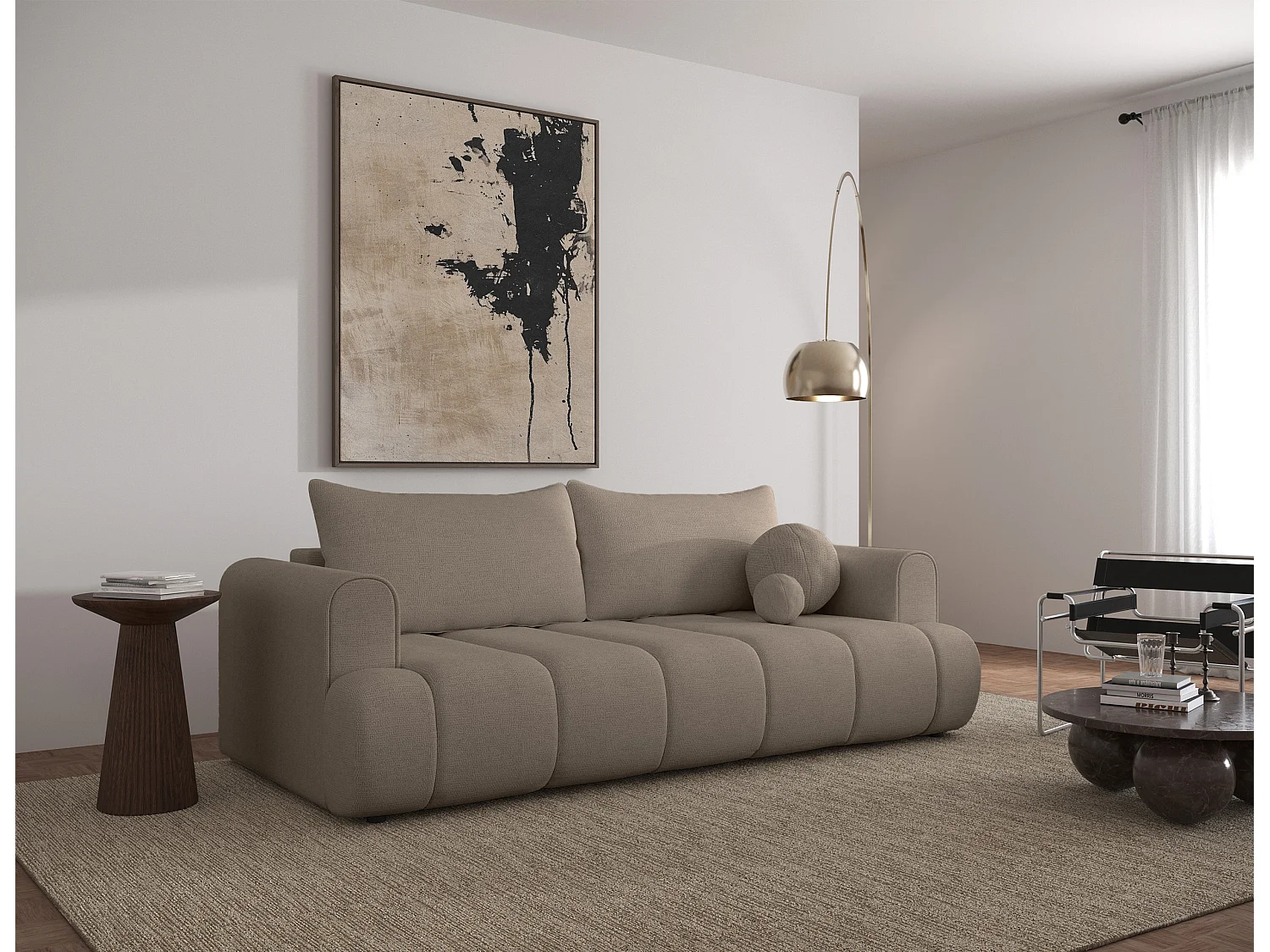 Canapé convertible trois places - tissu chenille beige - DANDELINO